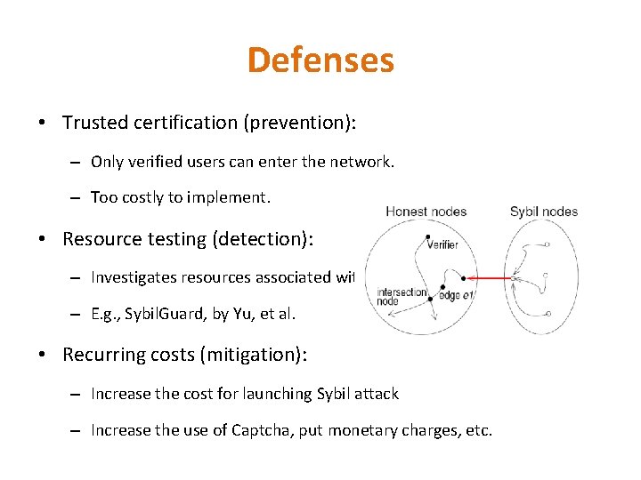 Defenses • Trusted certification (prevention): – Only verified users can enter the network. – Defenses • Trusted certification (prevention): – Only verified users can enter the network. –