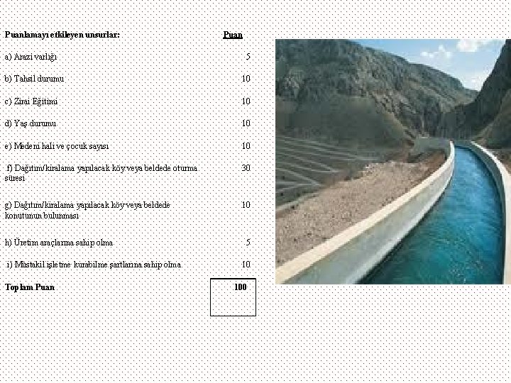 Puanlamayı etkileyen unsurlar: a) Arazi varlığı Puan 5 b) Tahsil durumu 10 c) Zirai