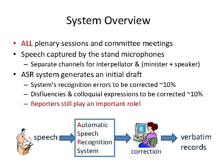 System Overview • ALL plenary sessions and committee meetings • Speech captured by the