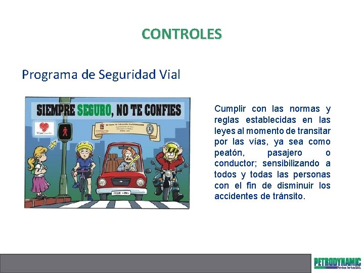 CONTROLES Programa de Seguridad Vial Cumplir con las normas y reglas establecidas en las