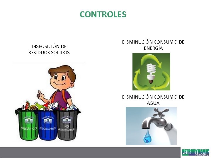CONTROLES DISPOSICIÓN DE RESIDUOS SÓLIDOS DISMINUCIÓN CONSUMO DE ENERGÍA DISMINUCIÓN CONSUMO DE AGUA 