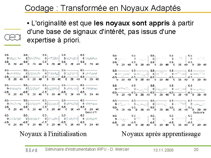 Codage : Transformée en Noyaux Adaptés • L'originalité est que les noyaux sont appris