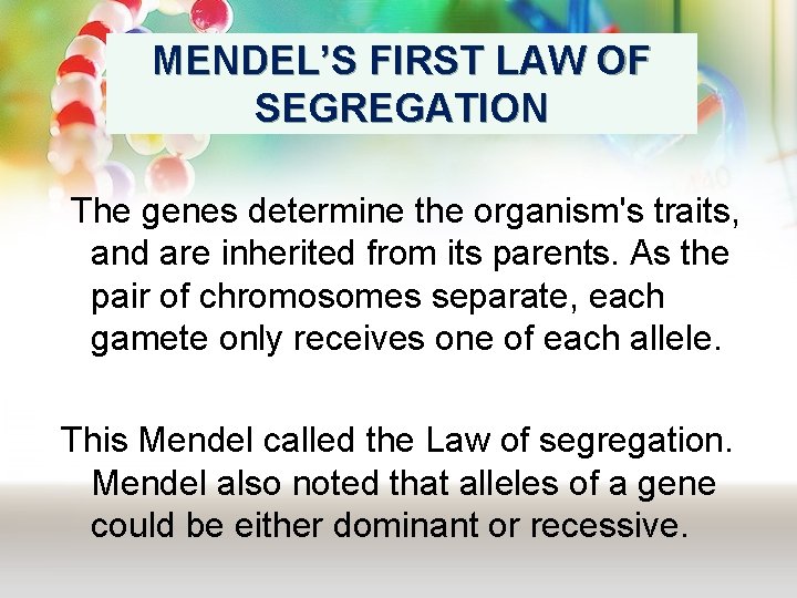 MENDEL’S FIRST LAW OF SEGREGATION The genes determine the organism's traits, and are inherited