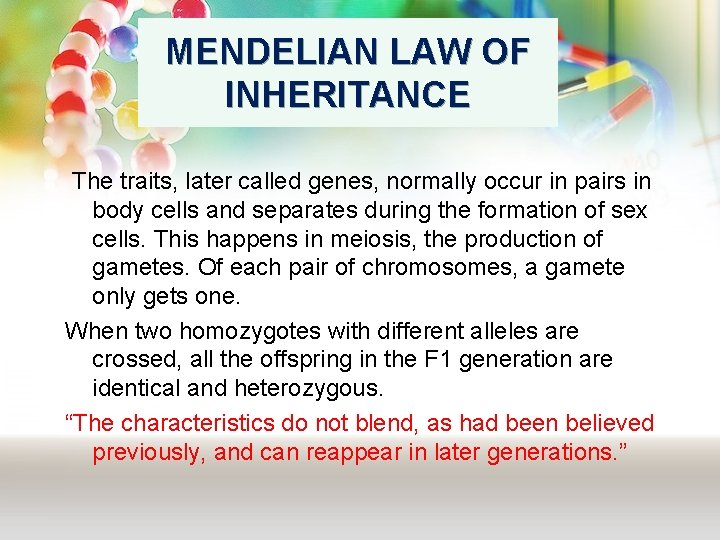 MENDELIAN LAW OF INHERITANCE The traits, later called genes, normally occur in pairs in