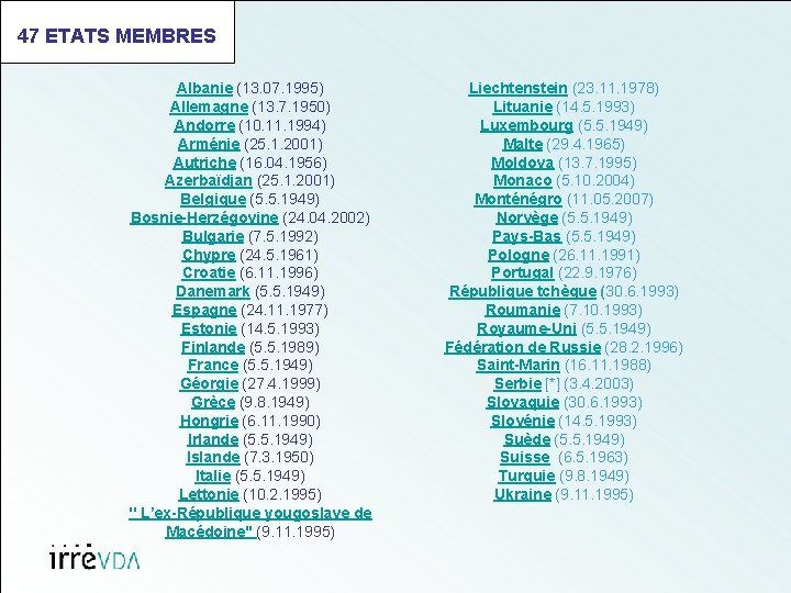 47 ETATS MEMBRES Albanie (13. 07. 1995) Allemagne (13. 7. 1950) Andorre (10. 11.