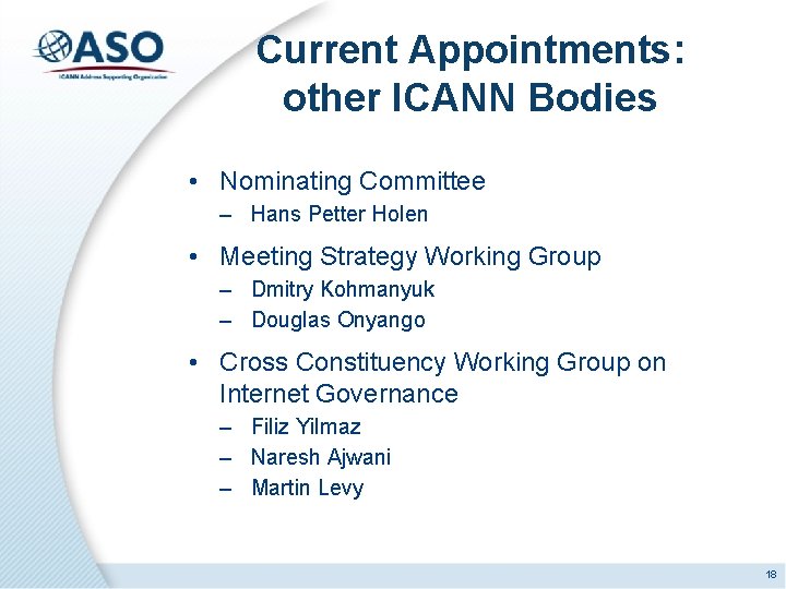 Current Appointments: other ICANN Bodies • Nominating Committee – Hans Petter Holen • Meeting