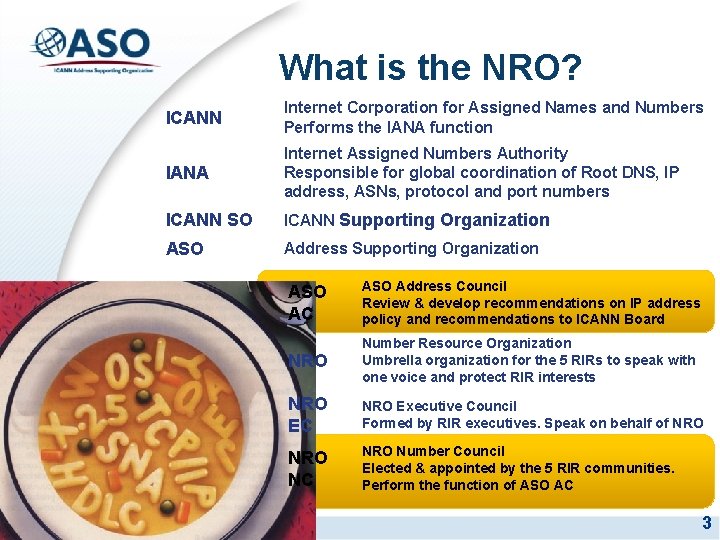 What is the NRO? ICANN Internet Corporation for Assigned Names and Numbers Performs the