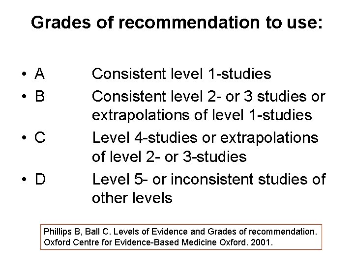 Grades of recommendation to use: • A • B • C • D Consistent Grades of recommendation to use: • A • B • C • D Consistent