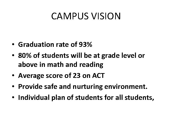 CAMPUS VISION • Graduation rate of 93% • 80% of students will be at