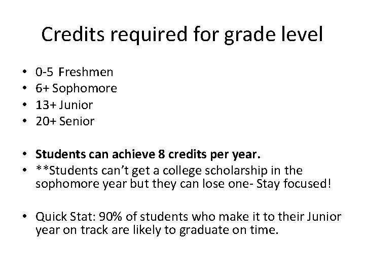 Credits required for grade level • • 0 -5 Freshmen 6+ Sophomore 13+ Junior