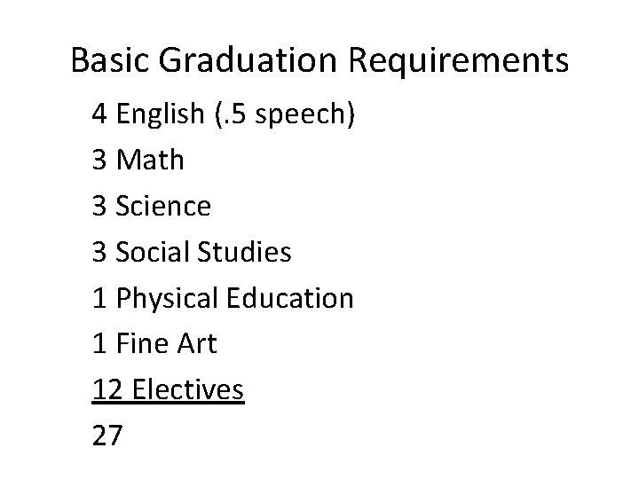 Basic Graduation Requirements 4 English (. 5 speech) 3 Math 3 Science 3 Social