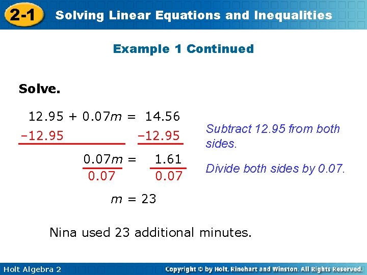 2 -1 Solving Linear Equations and Inequalities Example 1 Continued Solve. 12. 95 +