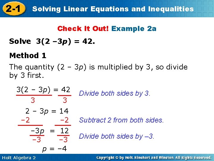 2 -1 Solving Linear Equations and Inequalities Check It Out! Example 2 a Solve