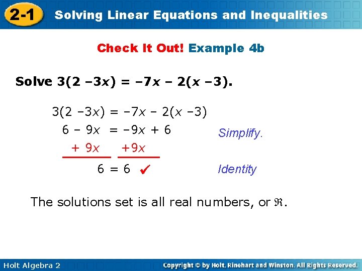 2 -1 Solving Linear Equations and Inequalities Check It Out! Example 4 b Solve
