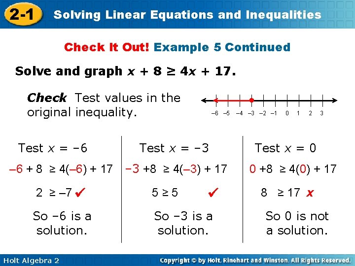 2 -1 Solving Linear Equations and Inequalities Check It Out! Example 5 Continued Solve