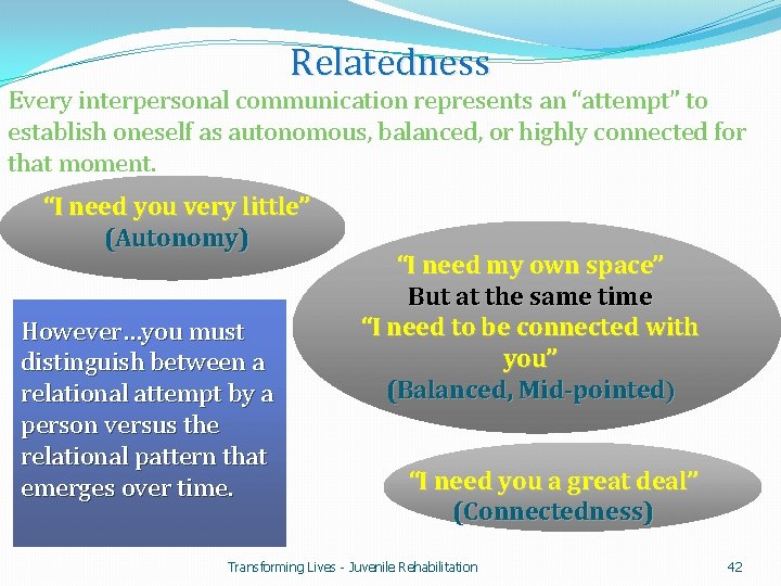 Relatedness Every interpersonal communication represents an “attempt” to establish oneself as autonomous, balanced, or
