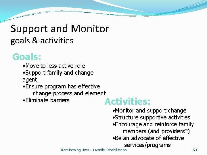 Support and Monitor goals & activities Goals: • Move to less active role •