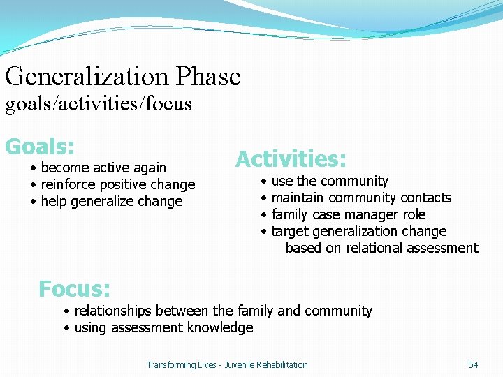 Generalization Phase goals/activities/focus Goals: • become active again • reinforce positive change • help
