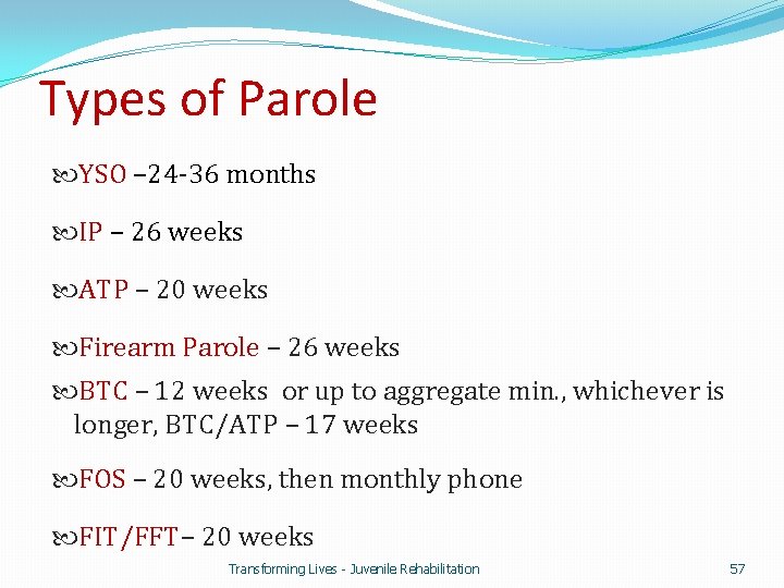 Types of Parole YSO – 24 -36 months IP – 26 weeks ATP –