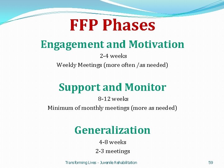 FFP Phases Engagement and Motivation 2 -4 weeks Weekly Meetings (more often /as needed)