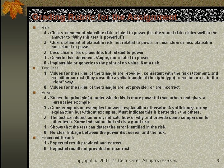 Grading Rubric for the Assignment n Risk: 4 - Clear statement of plausible risk,