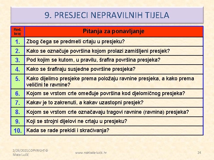 9. PRESJECI NEPRAVILNIH TIJELA Red. broj Pitanja za ponavljanje 1. Zbog čega se predmeti