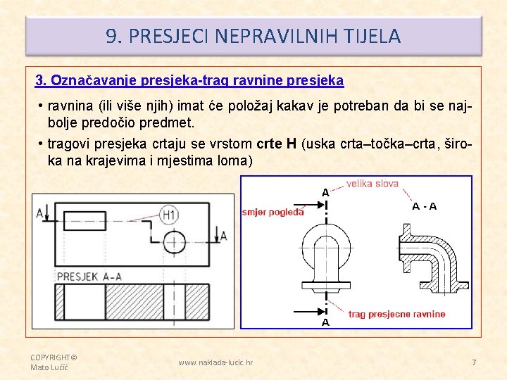 9. PRESJECI NEPRAVILNIH TIJELA 3. Označavanje presjeka-trag ravnine presjeka • ravnina (ili više njih)