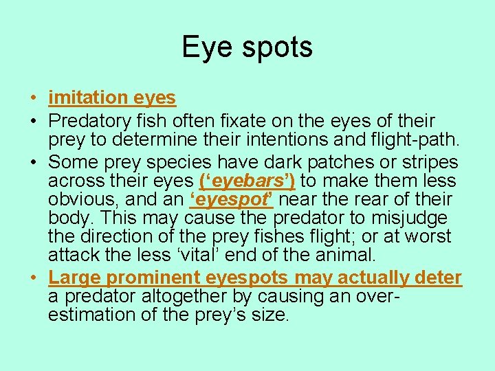 Eye spots • imitation eyes • Predatory fish often fixate on the eyes of