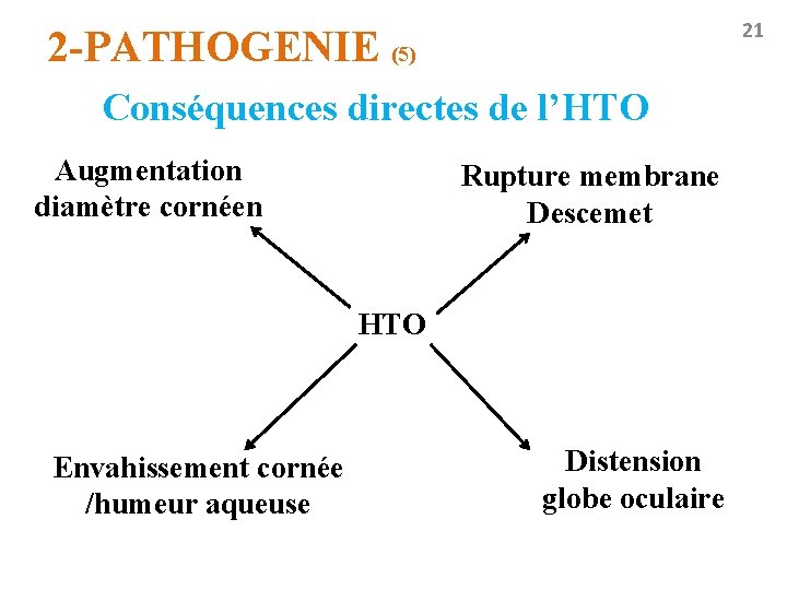 21 2 -PATHOGENIE (5) Conséquences directes de l’HTO Augmentation diamètre cornéen Rupture membrane Descemet