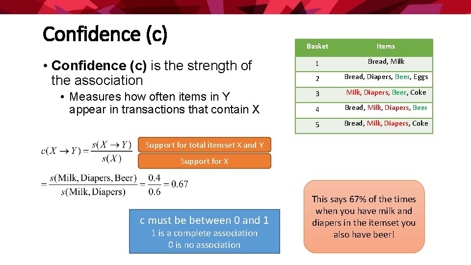 Confidence (c) • Confidence (c) is the strength of the association • Measures how