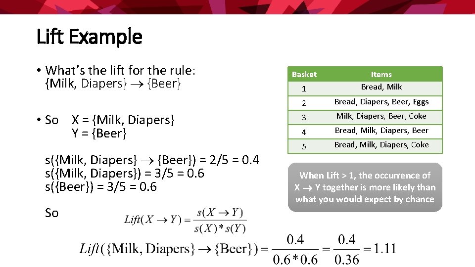 Lift Example • What’s the lift for the rule: {Milk, Diapers} {Beer} • So