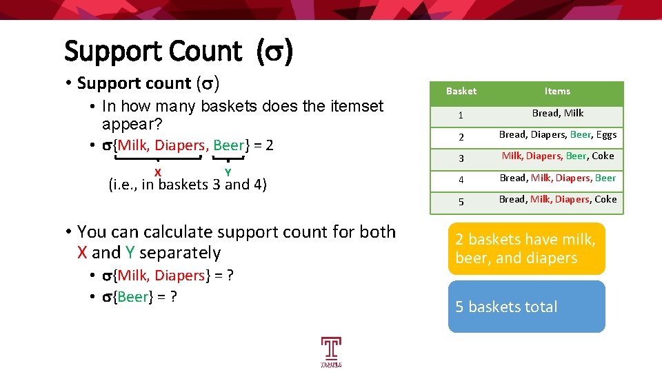 Support Count ( ) • Support count ( ) • In how many baskets