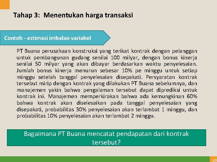 Tahap 3: Menentukan harga transaksi Contoh - estimasi imbalan variabel PT Buana perusahaan konstruksi