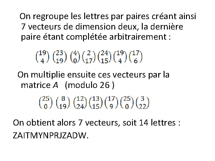  On regroupe les lettres par paires créant ainsi 7 vecteurs de dimension deux,