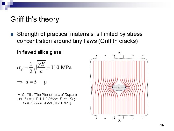 Griffith’s theory n Strength of practical materials is limited by stress concentration around tiny