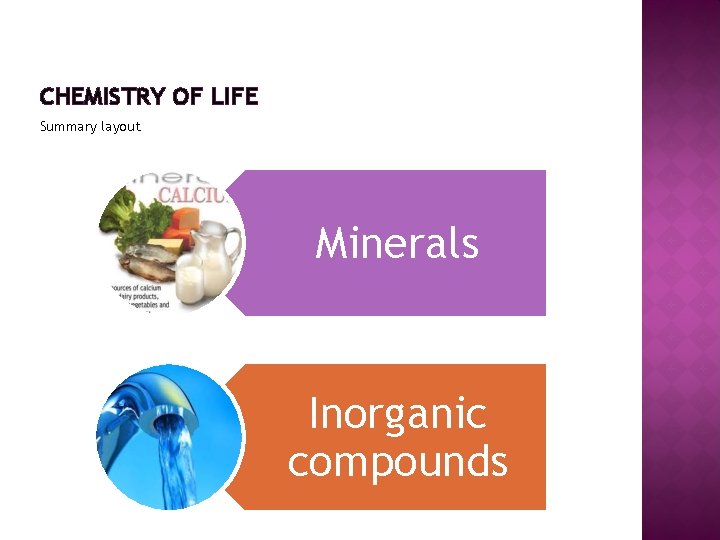 CHEMISTRY OF LIFE Summary layout Minerals Inorganic compounds 