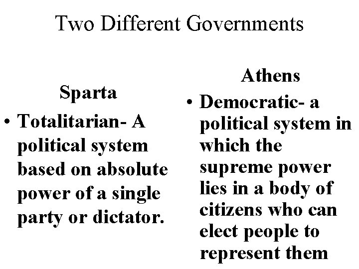 Two Different Governments Athens Sparta • Democratic- a • Totalitarian- A political system in