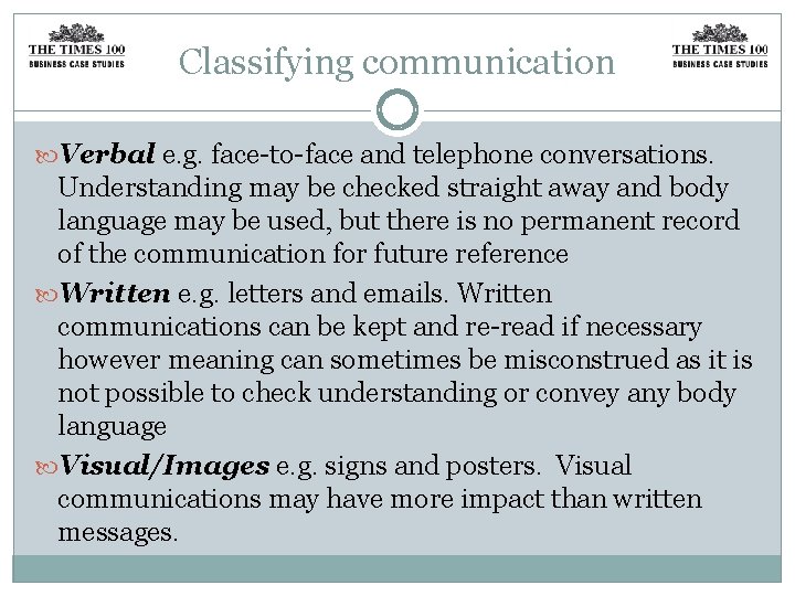 Classifying communication Verbal e. g. face-to-face and telephone conversations. Understanding may be checked straight