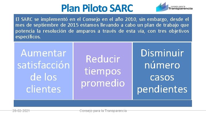 Plan Piloto SARC El SARC se implementó en el Consejo en el año 2010,