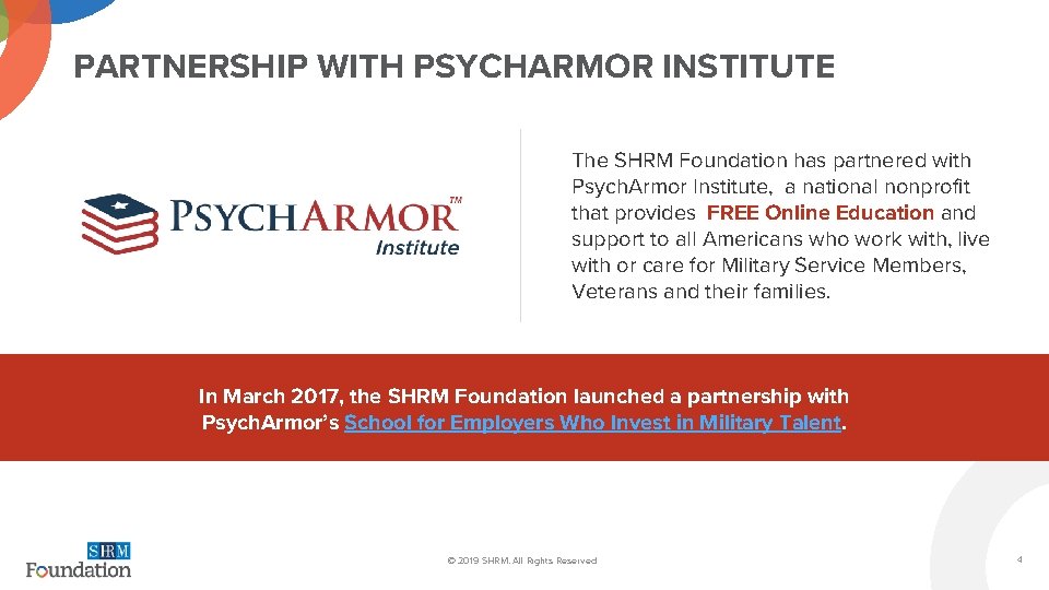 PARTNERSHIP WITH PSYCHARMOR INSTITUTE The SHRM Foundation has partnered with Psych. Armor Institute, a