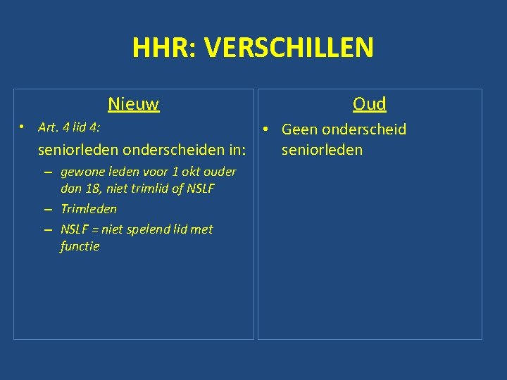 HHR: VERSCHILLEN Nieuw • Art. 4 lid 4: Oud • Geen onderscheid seniorleden onderscheiden