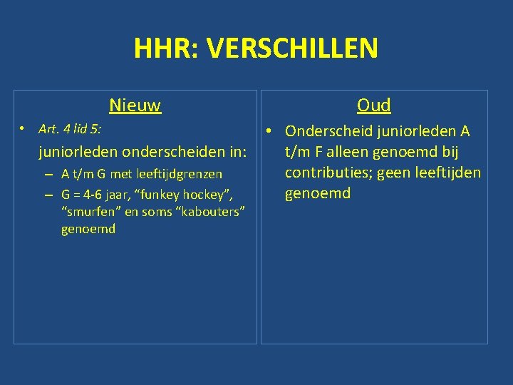 HHR: VERSCHILLEN Nieuw • Art. 4 lid 5: juniorleden onderscheiden in: – A t/m