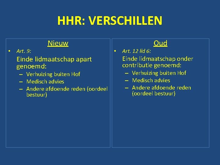 HHR: VERSCHILLEN • Art. 9: Nieuw Einde lidmaatschap apart genoemd: – Verhuizing buiten Hof