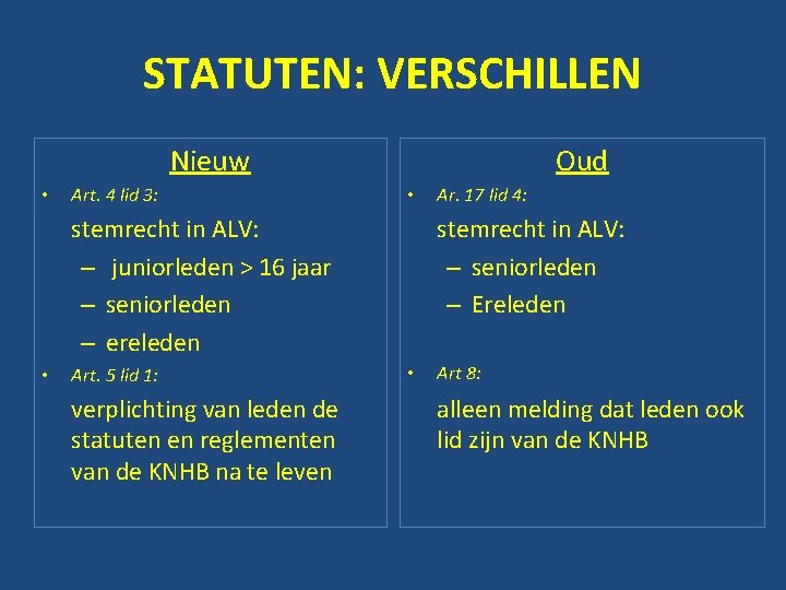 STATUTEN: VERSCHILLEN Nieuw • Art. 4 lid 3: Oud • stemrecht in ALV: –
