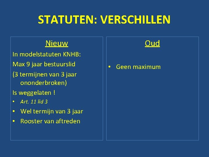 STATUTEN: VERSCHILLEN Nieuw In modelstatuten KNHB: Max 9 jaar bestuurslid (3 termijnen van 3