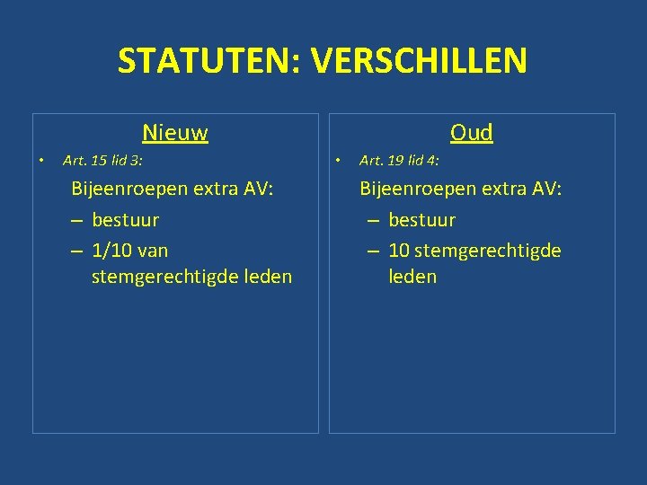 STATUTEN: VERSCHILLEN Nieuw • Art. 15 lid 3: Bijeenroepen extra AV: – bestuur –