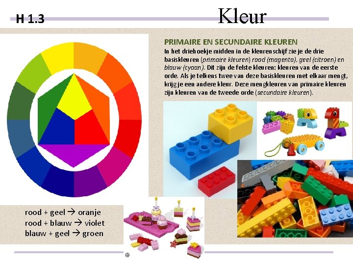 H 1. 3 Kleur PRIMAIRE EN SECUNDAIRE KLEUREN In het driehoekje midden in de