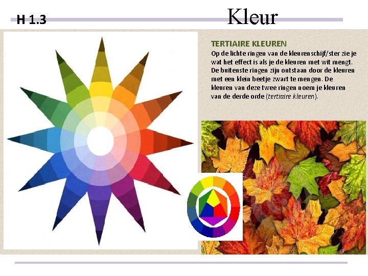 H 1. 3 Kleur TERTIAIRE KLEUREN Op de lichte ringen van de kleurenschijf/ster zie