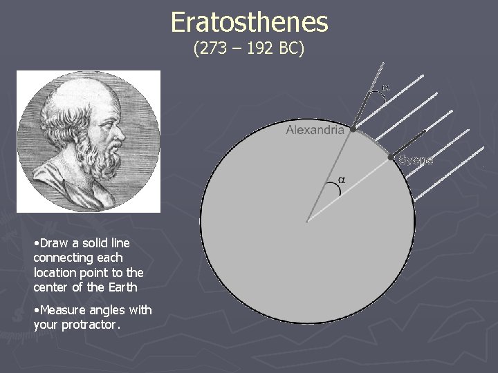 Eratosthenes (273 – 192 BC) • Draw a solid line connecting each location point