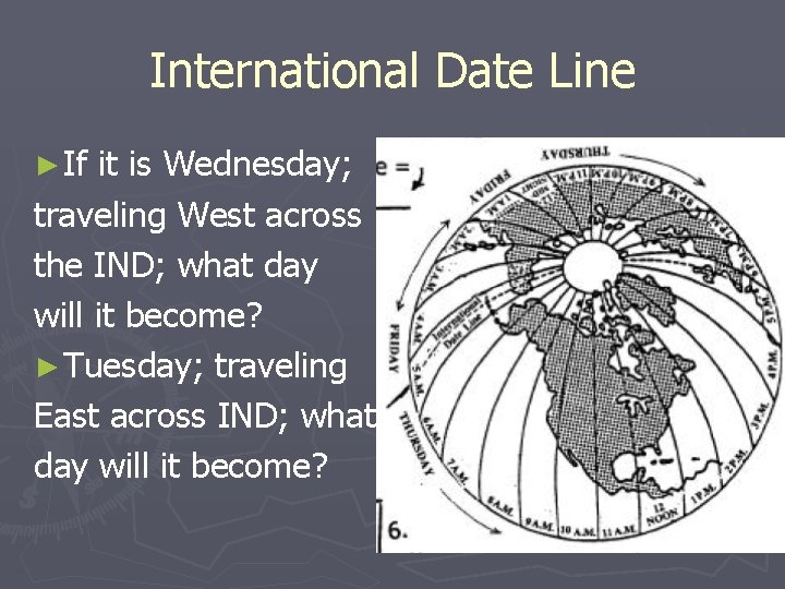 International Date Line ► If it is Wednesday; traveling West across the IND; what